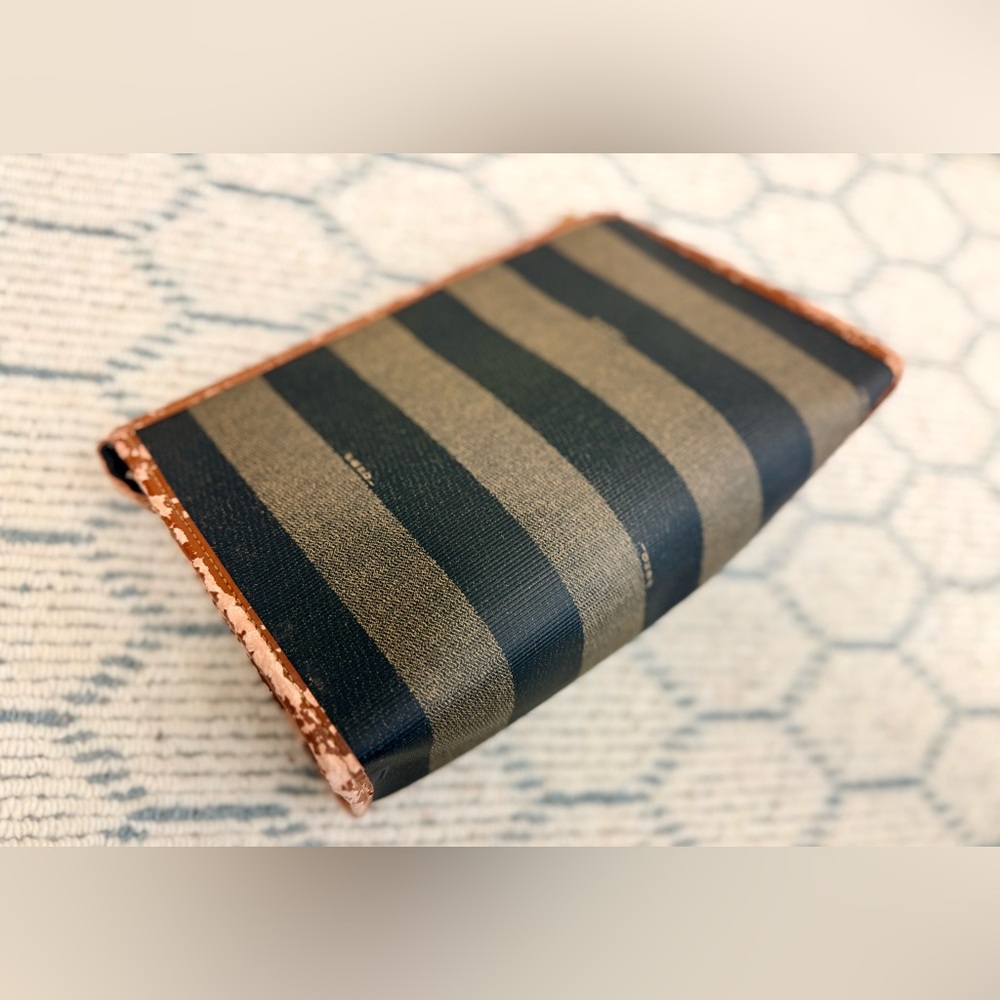 FENDI Vintage Classic Brown Canvas Leather Pequin Striped Logo Clutch Pouch - Picture 9 of 16